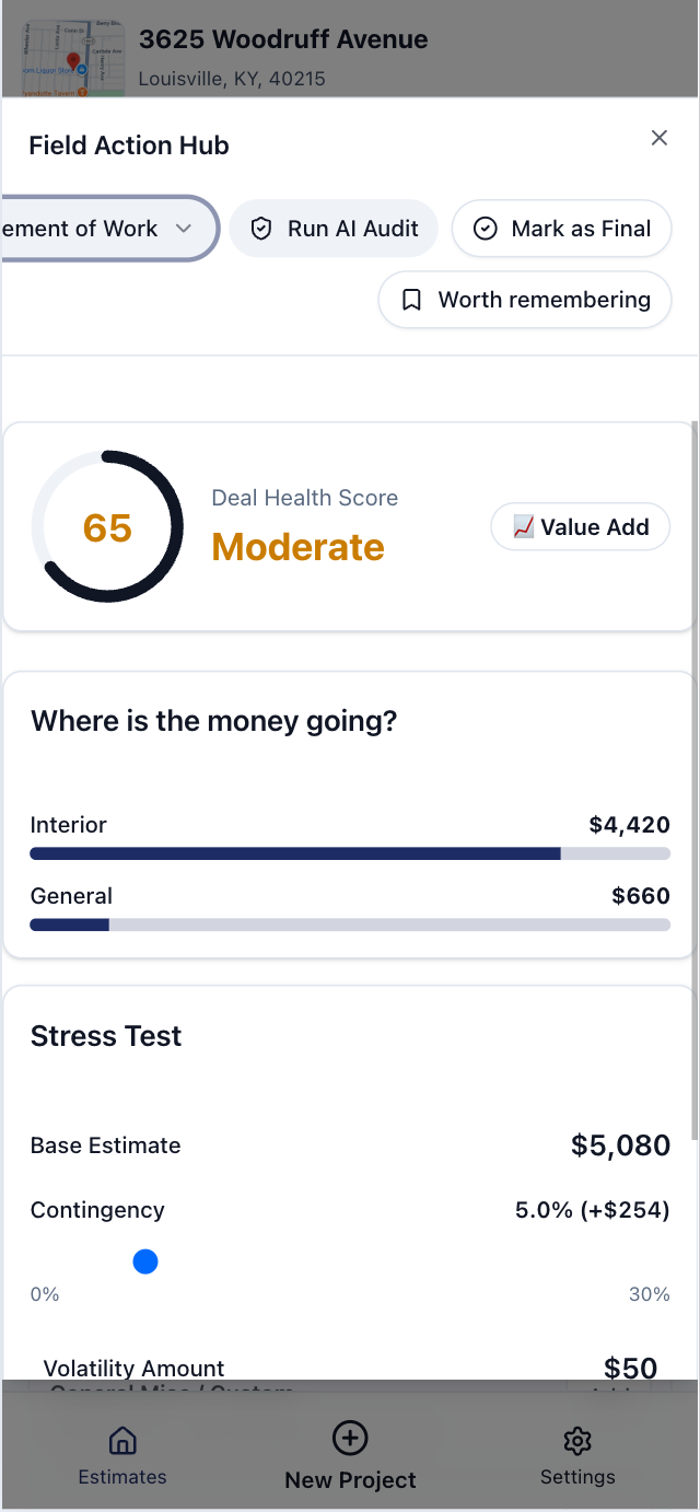 forVEX Build screenshot showing rehab risk, quantified